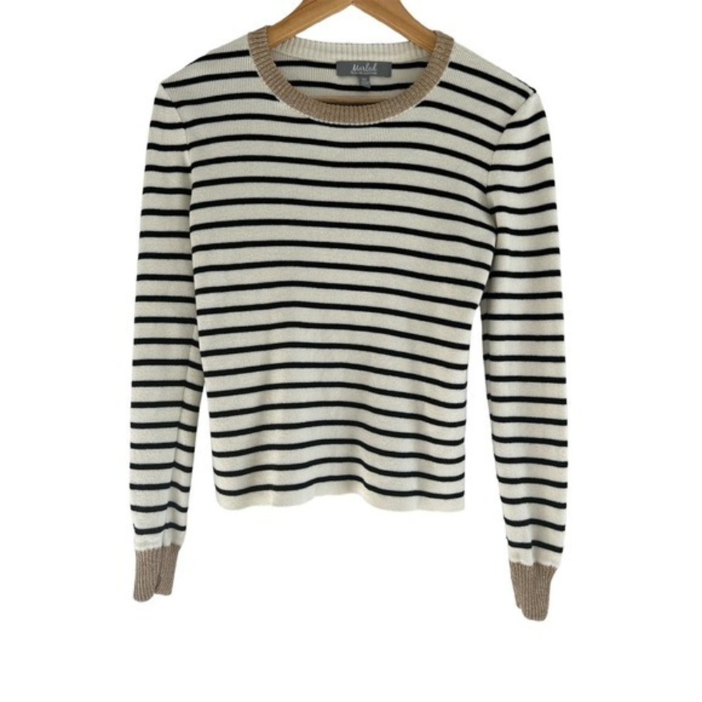 Marled Size XS Striped Sweater with Gold‎ Details Black Cream Gold